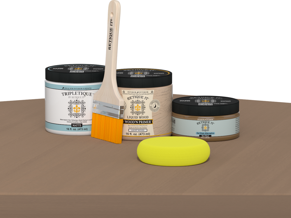 Retique It® Multi-purpose Smooth Finish Kit in barn wood for interior use, featuring matte top coat and wood finishing tools.