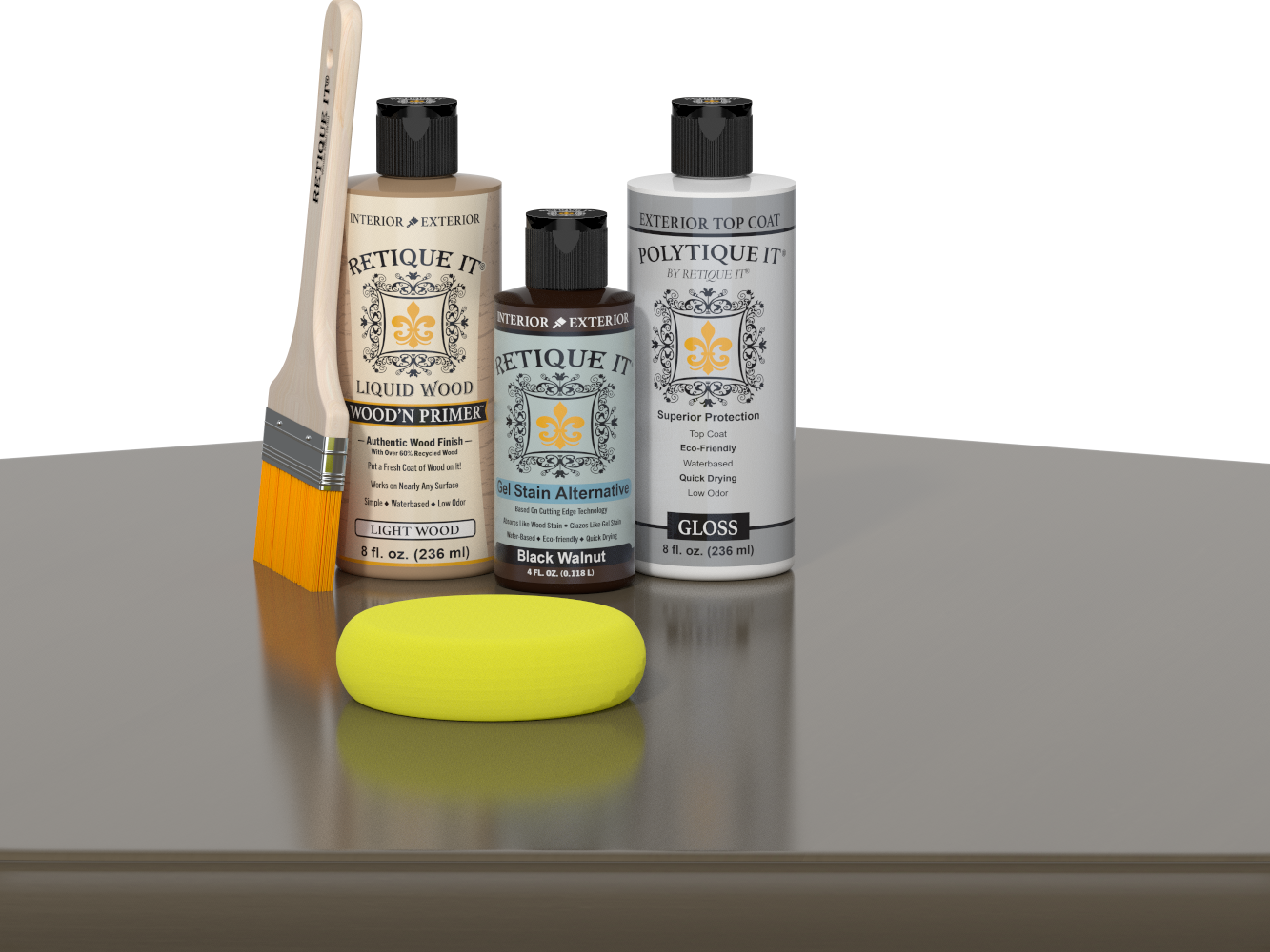 Retique It® Black Walnut Brush-On Kit with Gloss PolyTique® includes a brush, Light Wood primer, Black Walnut Gel Stain Alternative, Gloss PolyTique® top coat, and a yellow sponge.