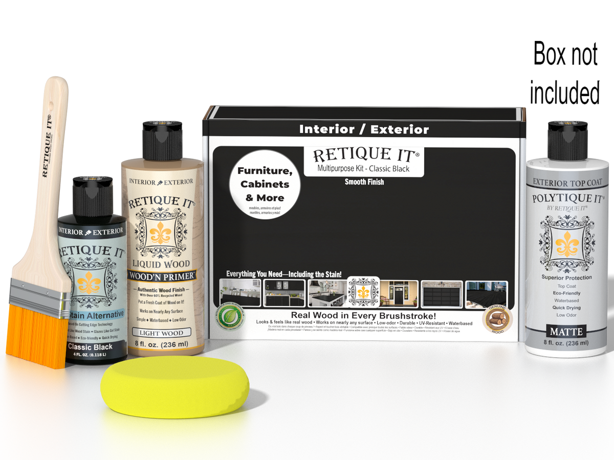 Retique It® Classic Black Brush-On Kit with Matte PolyTique® shown with the Classic Black Multipurpose Kit box, brush, Light Wood primer, Classic Black Gel Stain Alternative, Matte PolyTique® top coat, and a yellow sponge.