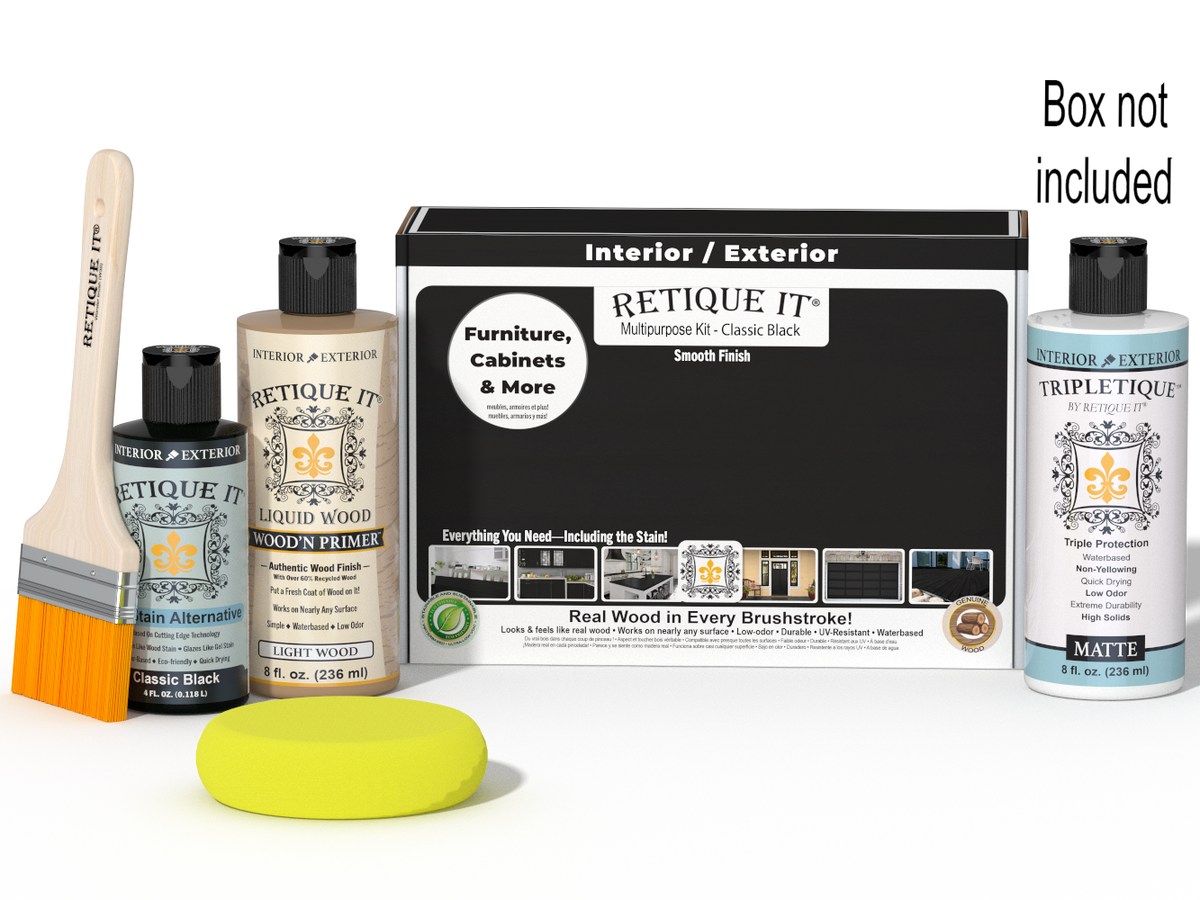 Retique It® Classic Black Brush-On Kit with Matte TripleTique® shown with the Classic Black Multipurpose Kit box, brush, Light Wood primer, Classic Black Gel Stain Alternative, Matte TripleTique® top coat, and a yellow sponge.