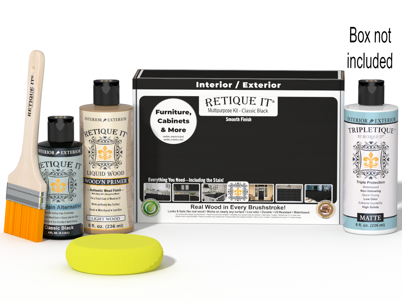 Retique It® Classic Black Brush-On Kit with Matte TripleTique® shown with the Classic Black Multipurpose Kit box, brush, Light Wood primer, Classic Black Gel Stain Alternative, Matte TripleTique® top coat, and a yellow sponge.