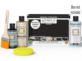 Retique It® Classic Black Brush-On Kit with Matte TripleTique® shown with the Classic Black Multipurpose Kit box, brush, Light Wood primer, Classic Black Gel Stain Alternative, Matte TripleTique® top coat, and a yellow sponge.