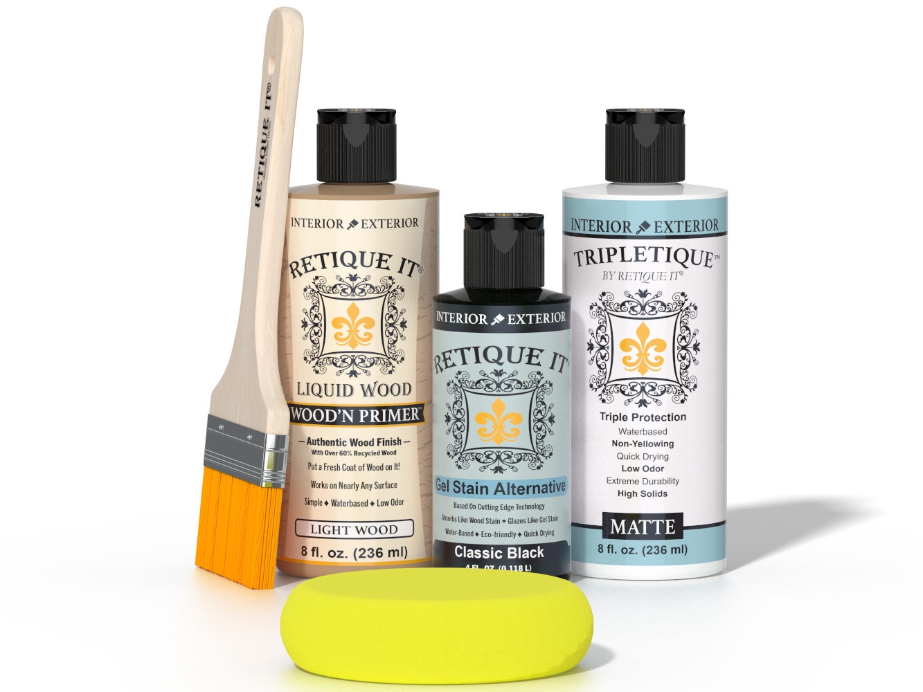 Retique It® Classic Black Brush-On Kit with Matte TripleTique® includes a brush, Light Wood primer, Classic Black Gel Stain Alternative, Matte TripleTique® top coat, and a yellow sponge.