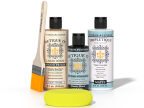 Retique It® Classic Black Brush-On Kit with Matte TripleTique® includes a brush, Light Wood primer, Classic Black Gel Stain Alternative, Matte TripleTique® top coat, and a yellow sponge.