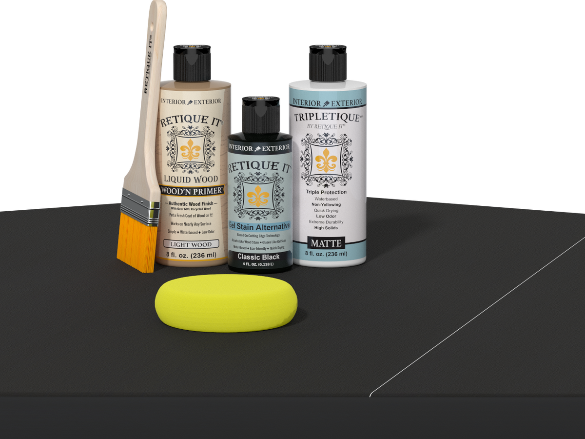Retique It® Classic Black Brush-On Kit with Matte TripleTique® includes a brush, Light Wood primer, Classic Black Gel Stain Alternative, Matte TripleTique® top coat, and a yellow sponge.