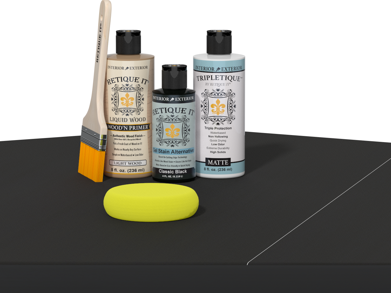 Retique It® Classic Black Brush-On Kit with Matte TripleTique® includes a brush, Light Wood primer, Classic Black Gel Stain Alternative, Matte TripleTique® top coat, and a yellow sponge.