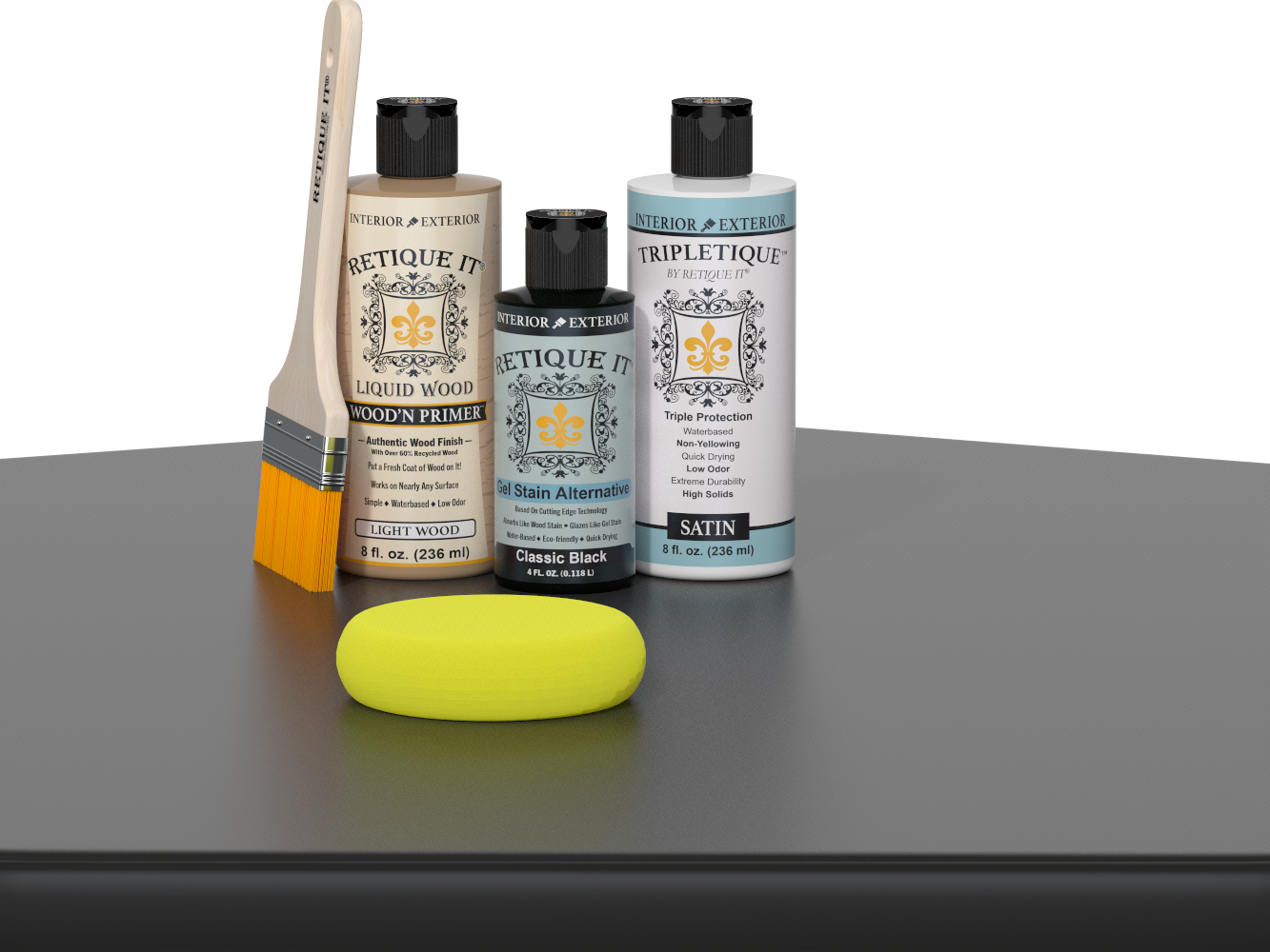 Retique It® Classic Black Brush-On Kit with Satin TripleTique® includes a brush, Light Wood primer, Classic Black Gel Stain Alternative, Satin TripleTique® top coat, and a yellow sponge.