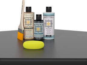 Retique It® Classic Black Brush-On Kit with Satin TripleTique® includes a brush, Light Wood primer, Classic Black Gel Stain Alternative, Satin TripleTique® top coat, and a yellow sponge.