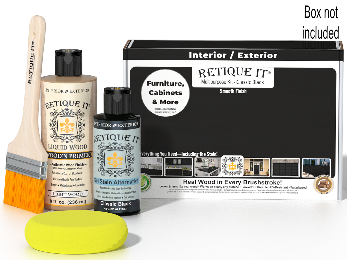 Retique It® Classic Black Brush-On Kit shown with the Classic Black Multipurpose Kit box, brush, Light Wood primer, Classic Black Gel Stain Alternative, and a yellow sponge.
