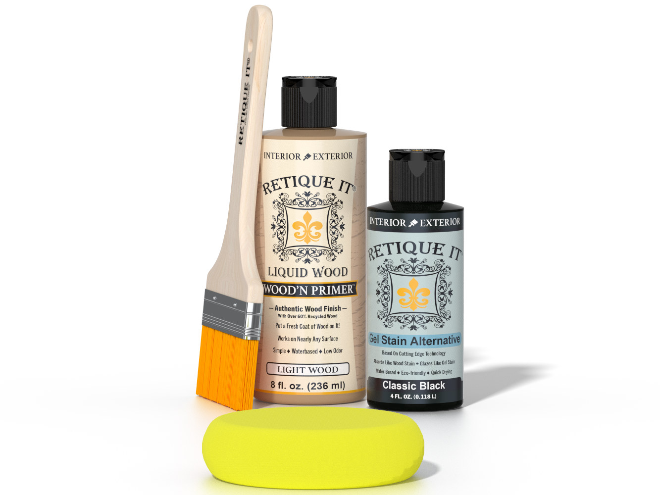 Retique It® Classic Black Brush-On Kit includes a brush, Light Wood primer, Classic Black Gel Stain Alternative, and a yellow sponge.