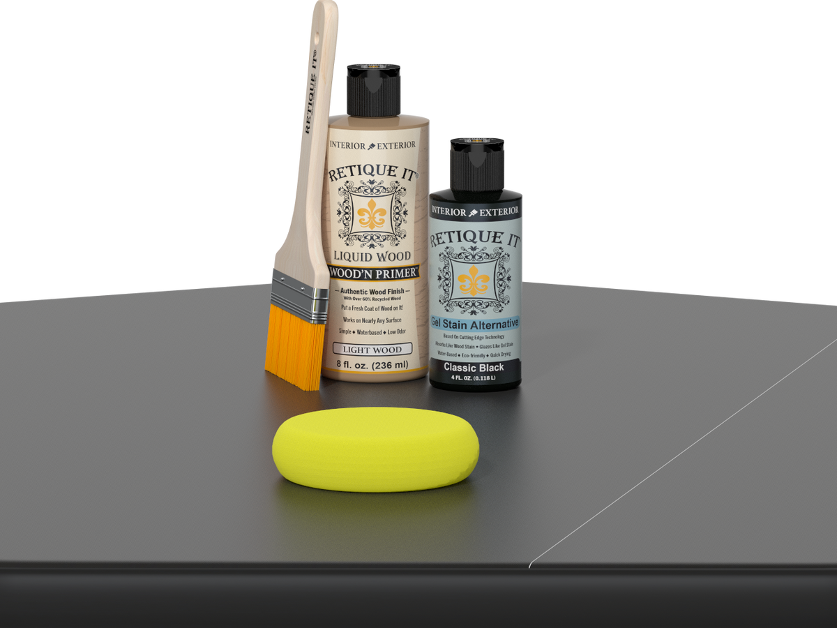 Retique It® Classic Black Brush-On Kit includes a brush, Light Wood primer, Classic Black Gel Stain Alternative, and a yellow sponge.