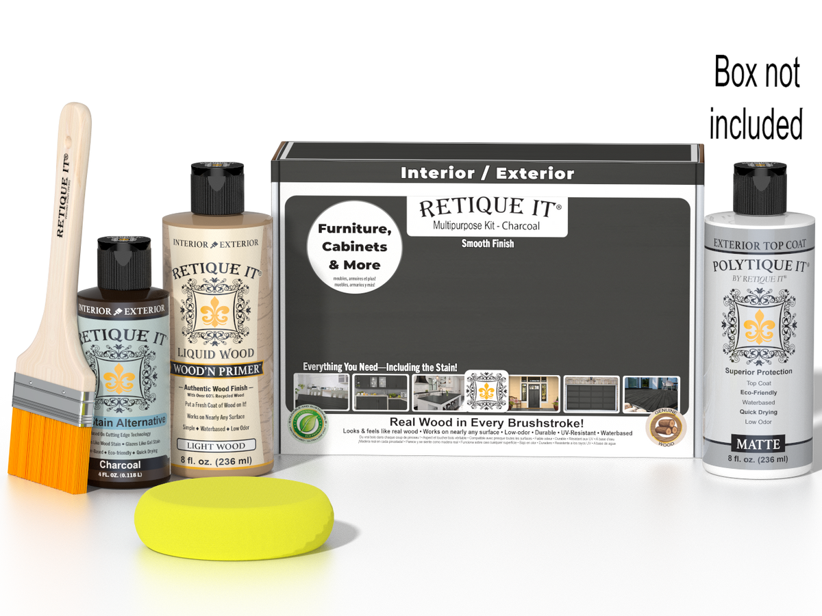 Retique It® Charcoal Brush-On Kit shown with the Charcoal Multipurpose Kit box, brush, Light Wood primer, Charcoal Gel Stain Alternative, Matte PolyTique® top coat, and a yellow sponge.