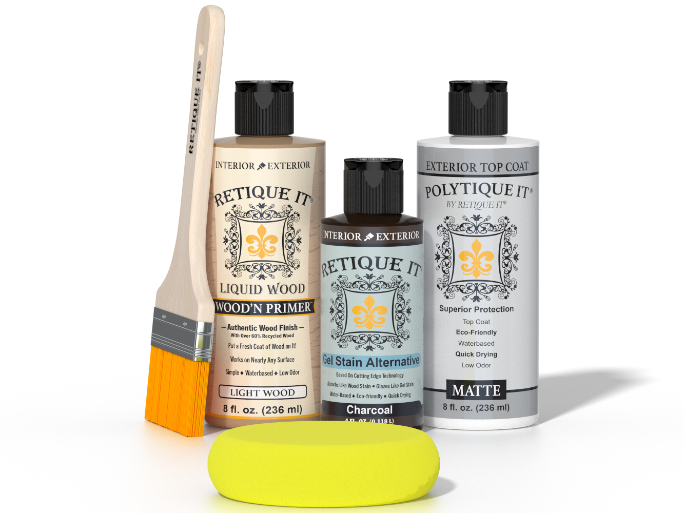 Retique It® Charcoal Brush-On Kit with Matte PolyTique® includes a brush, Light Wood primer, Charcoal Gel Stain Alternative, Matte PolyTique® top coat, and a yellow sponge.