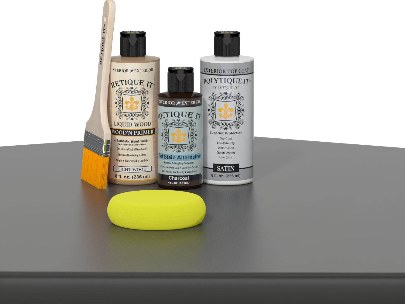 Retique It® Charcoal Brush-On Kit with Satin PolyTique® includes a brush, Light Wood primer, Charcoal Gel Stain Alternative, Satin PolyTique® top coat, and a yellow sponge.