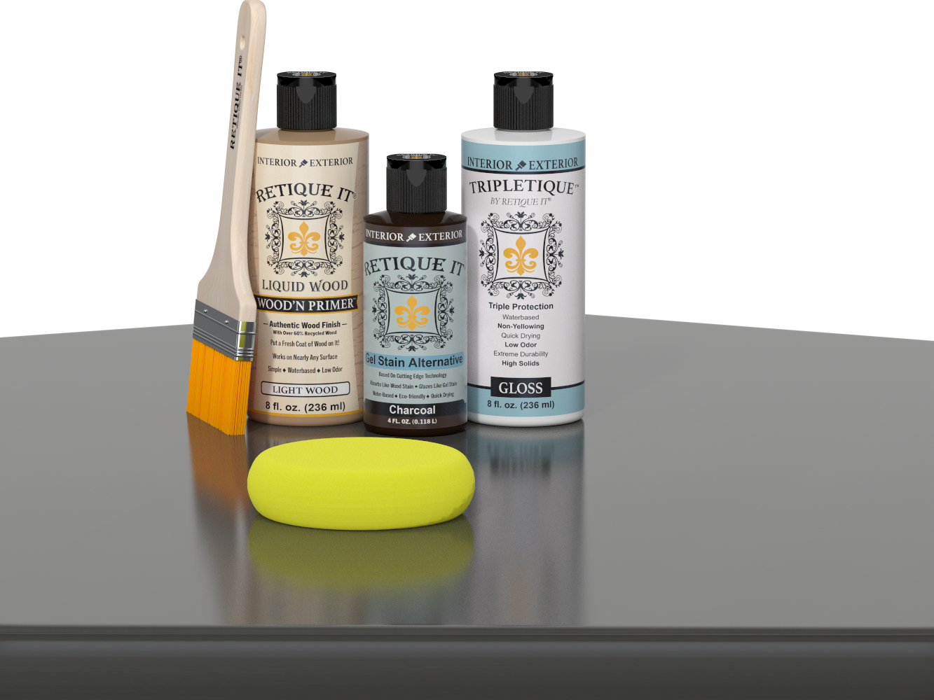 Retique It® Charcoal Brush-On Kit with Gloss TripleTique® includes a brush, Light Wood primer, Charcoal Gel Stain Alternative, Gloss TripleTique® top coat, and a yellow sponge.