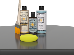 Retique It® Charcoal Brush-On Kit with Gloss TripleTique® includes a brush, Light Wood primer, Charcoal Gel Stain Alternative, Gloss TripleTique® top coat, and a yellow sponge.