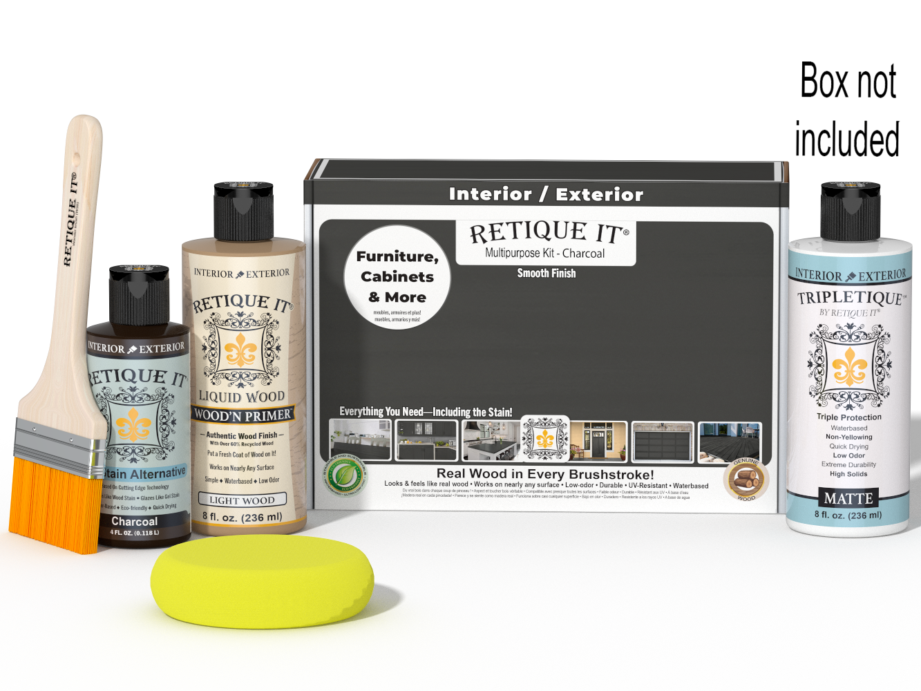 Retique It® Charcoal Brush-On Kit shown with the Charcoal Multipurpose Kit box, brush, Light Wood primer, Charcoal Gel Stain Alternative, Matte TripleTique® top coat, and a yellow sponge.