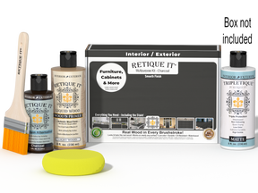 Retique It® Charcoal Brush-On Kit shown with the Charcoal Multipurpose Kit box, brush, Light Wood primer, Charcoal Gel Stain Alternative, Matte TripleTique® top coat, and a yellow sponge.