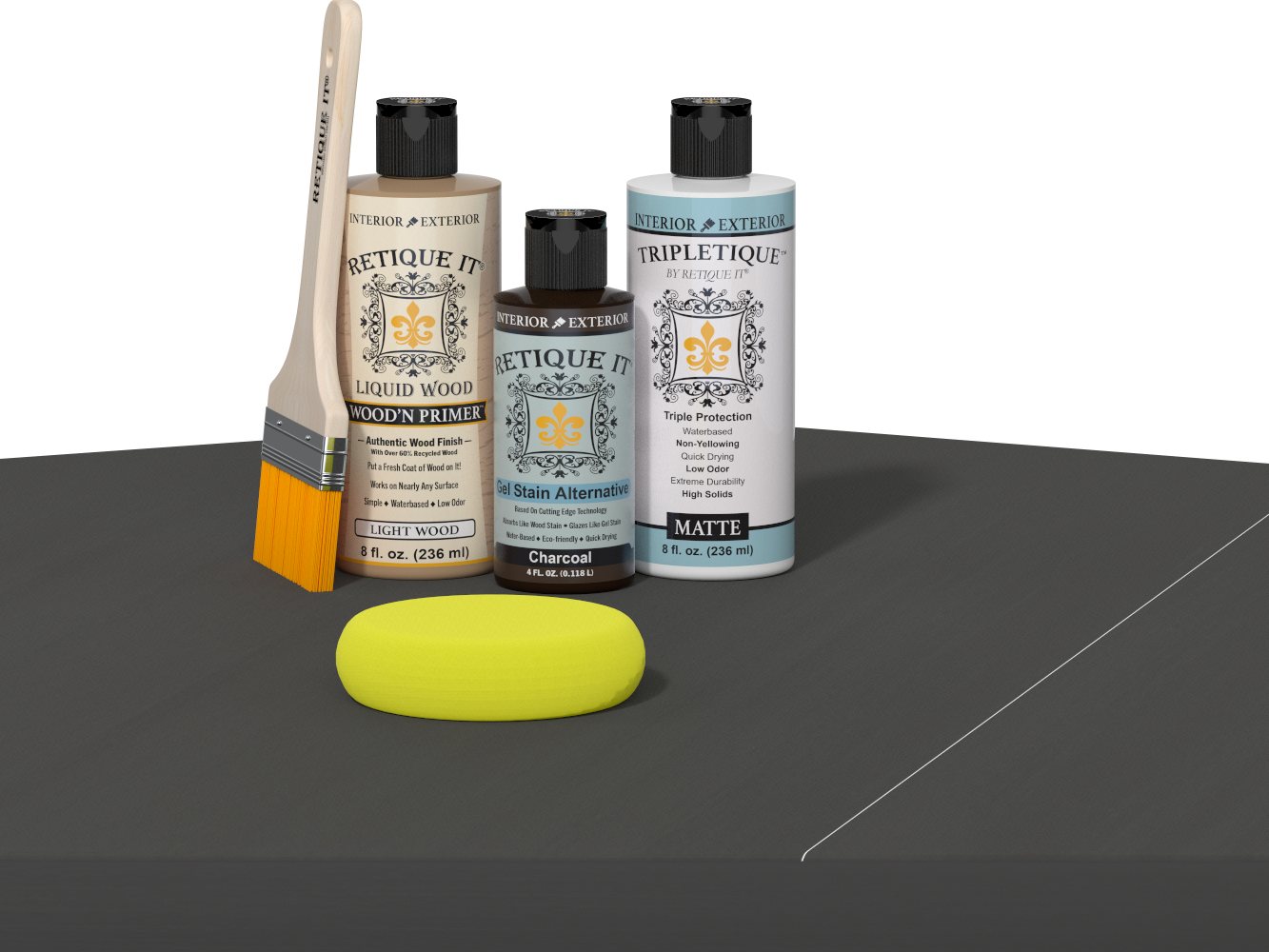 Retique It® Charcoal Brush-On Kit with Matte TripleTique® includes a brush, Light Wood primer, Charcoal Gel Stain Alternative, Matte TripleTique® top coat, and a yellow sponge.