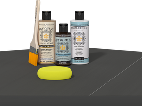 Retique It® Charcoal Brush-On Kit with Matte TripleTique® includes a brush, Light Wood primer, Charcoal Gel Stain Alternative, Matte TripleTique® top coat, and a yellow sponge.