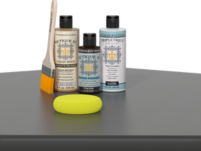 Retique It® Charcoal Brush-On Kit with Satin TripleTique® includes a brush, Light Wood primer, Charcoal Gel Stain Alternative, Satin TripleTique® top coat, and a yellow sponge.
