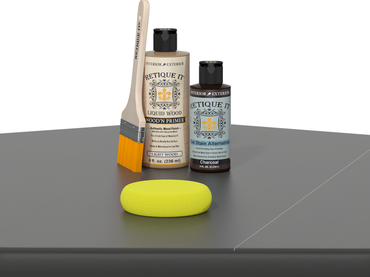 Retique It® Charcoal Brush-On Kit includes a brush, Light Wood primer, Charcoal Gel Stain Alternative, and a yellow sponge.
