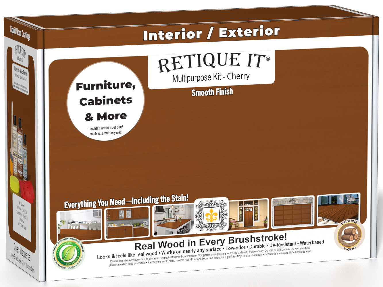 Retique It® Cherry Brush-On Multipurpose Kit box featuring a Cherry finish and project examples for furniture, cabinets, doors, decks, and more.
