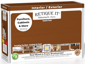 Retique It® Cherry Brush-On Multipurpose Kit box featuring a Cherry finish and project examples for furniture, cabinets, doors, decks, and more.