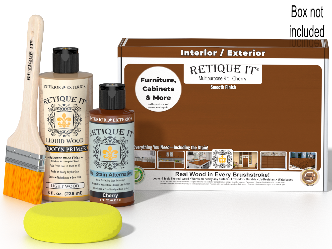 Retique It® Cherry Brush-On Kit shown with the Cherry Multipurpose Kit box, brush, Light Wood primer, Cherry Gel Stain Alternative, and a yellow sponge.