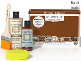Retique It® Cherry Brush-On Kit shown with the Cherry Multipurpose Kit box, brush, Light Wood primer, Cherry Gel Stain Alternative, and a yellow sponge.