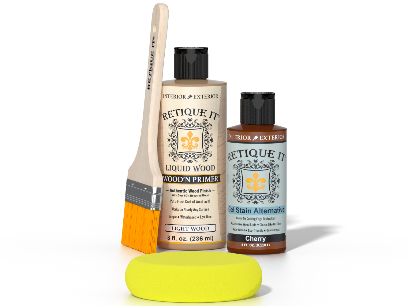 Retique It® Cherry Brush-On Kit includes a brush, Light Wood primer, Cherry Gel Stain Alternative, and a yellow sponge.