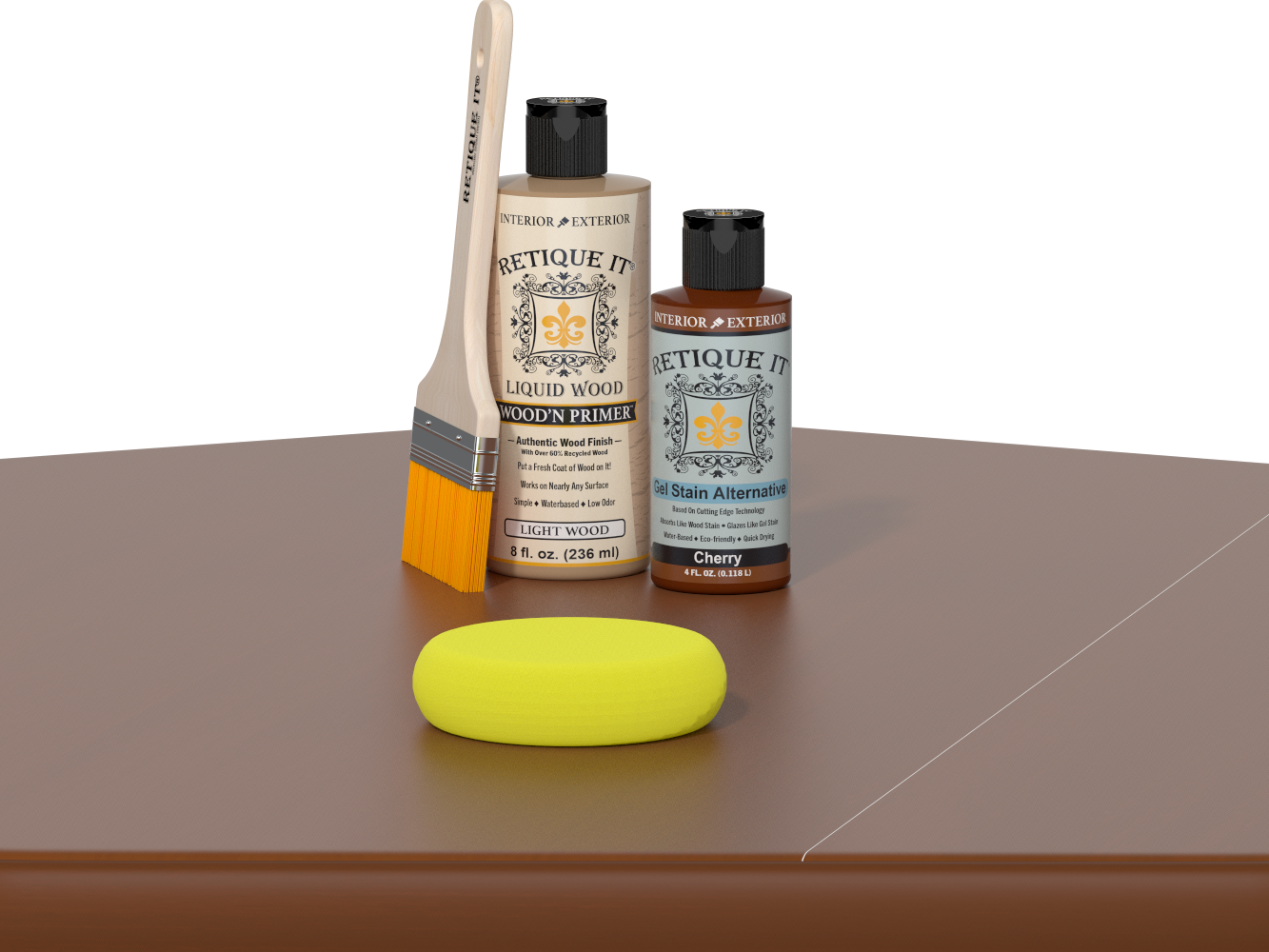 Retique It® Cherry Brush-On Kit includes a brush, Light Wood primer, Cherry Gel Stain Alternative, and a yellow sponge.