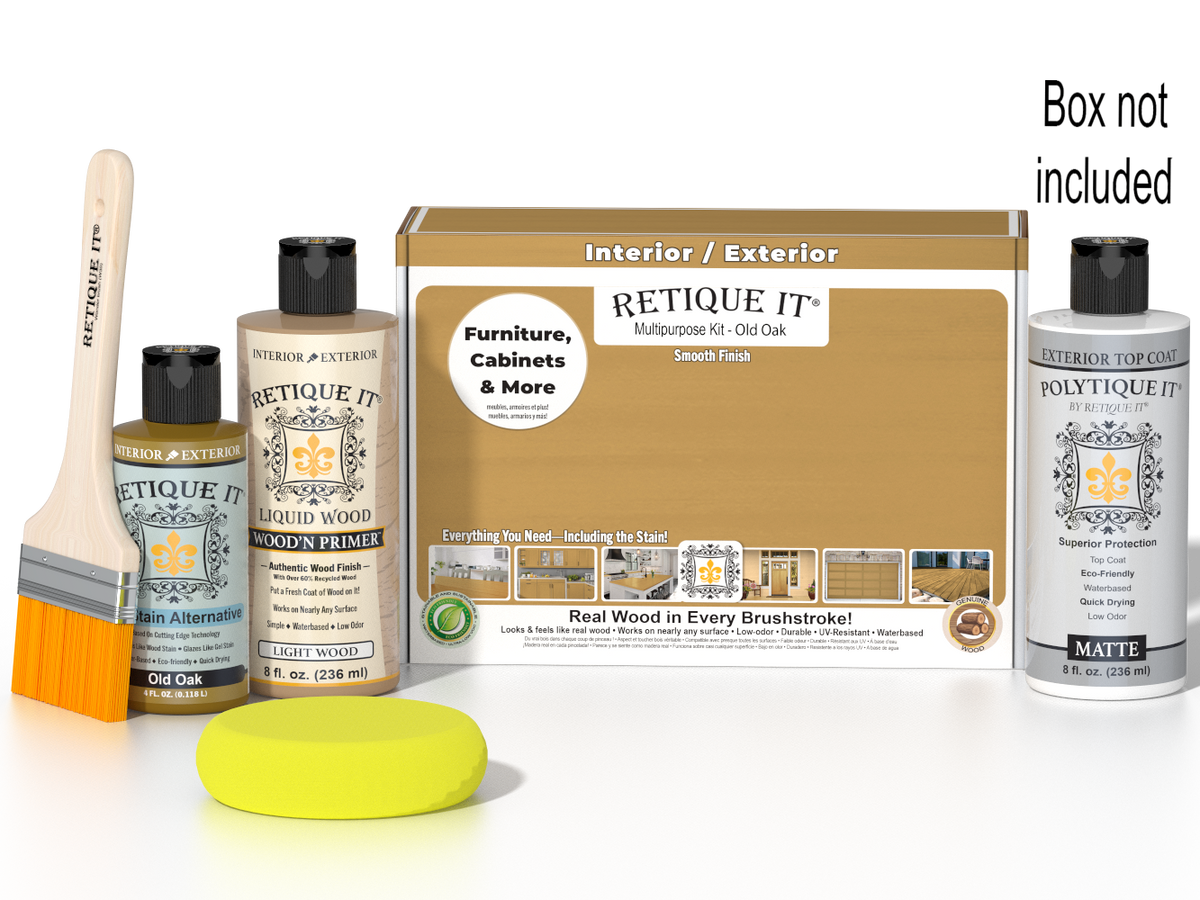 Retique It® Old Oak Brush-On Kit shown with the Old Oak Multipurpose Kit box, brush, Light Wood primer, Old Oak Gel Stain Alternative, Matte PolyTique® top coat, and a yellow sponge.