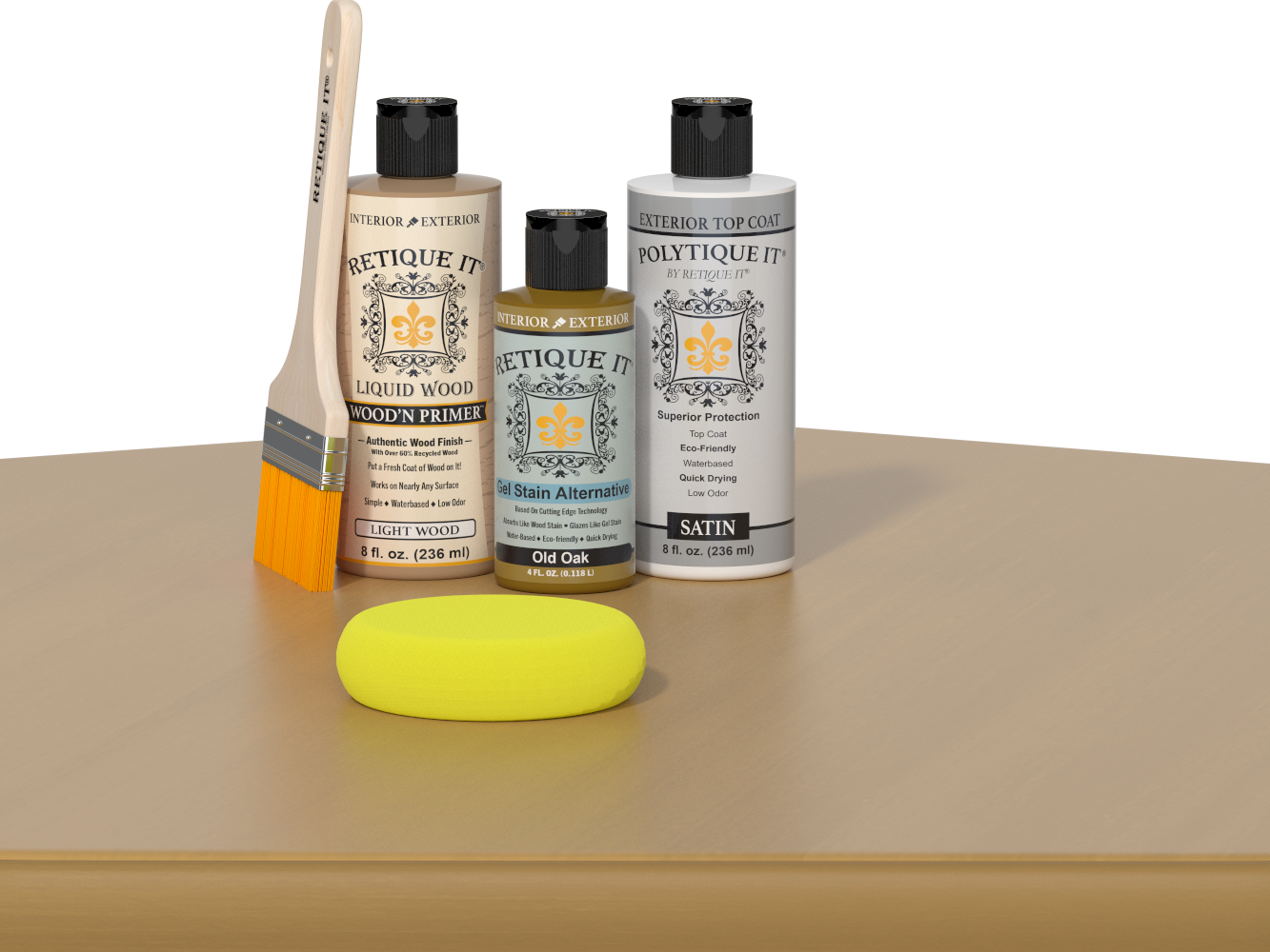 Retique It® Old Oak Brush-On Kit with Satin PolyTique® includes a brush, Light Wood primer, Old Oak Gel Stain Alternative, Satin PolyTique® top coat, and a yellow sponge.