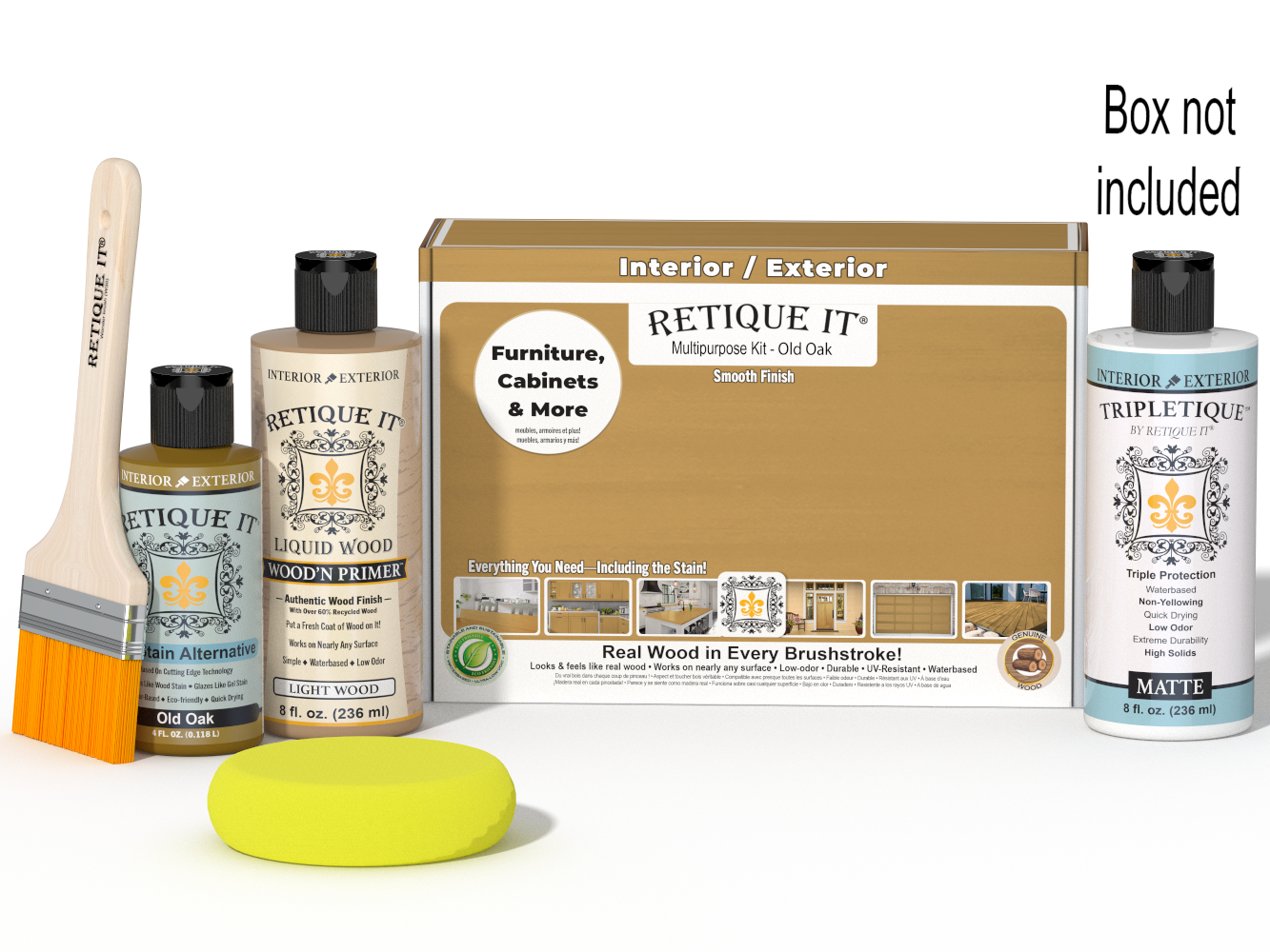 Retique It® Old Oak Brush-On Kit shown with the Old Oak Multipurpose Kit box, brush, Light Wood primer, Old Oak Gel Stain Alternative, Matte TripleTique® top coat, and a yellow sponge.