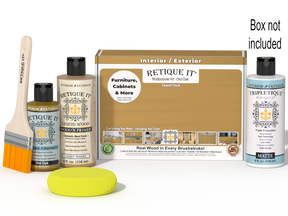 Retique It® Old Oak Brush-On Kit shown with the Old Oak Multipurpose Kit box, brush, Light Wood primer, Old Oak Gel Stain Alternative, Matte TripleTique® top coat, and a yellow sponge.