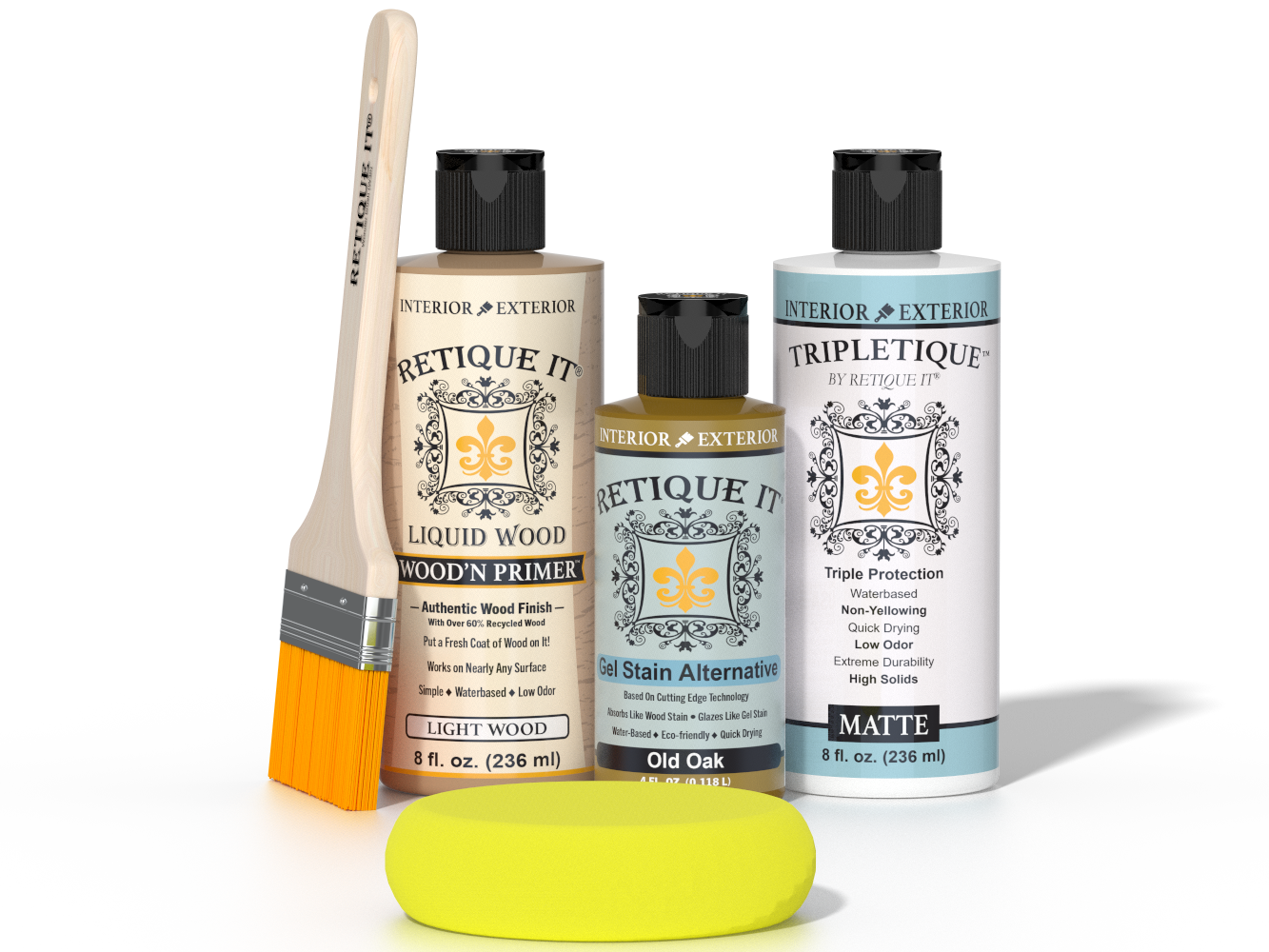Retique It® Old Oak Brush-On Kit with Matte TripleTique® includes a brush, Light Wood primer, Old Oak Gel Stain Alternative, Matte TripleTique® top coat, and a yellow sponge.