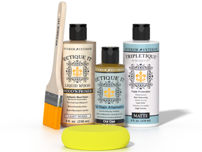 Retique It® Old Oak Brush-On Kit with Matte TripleTique® includes a brush, Light Wood primer, Old Oak Gel Stain Alternative, Matte TripleTique® top coat, and a yellow sponge.