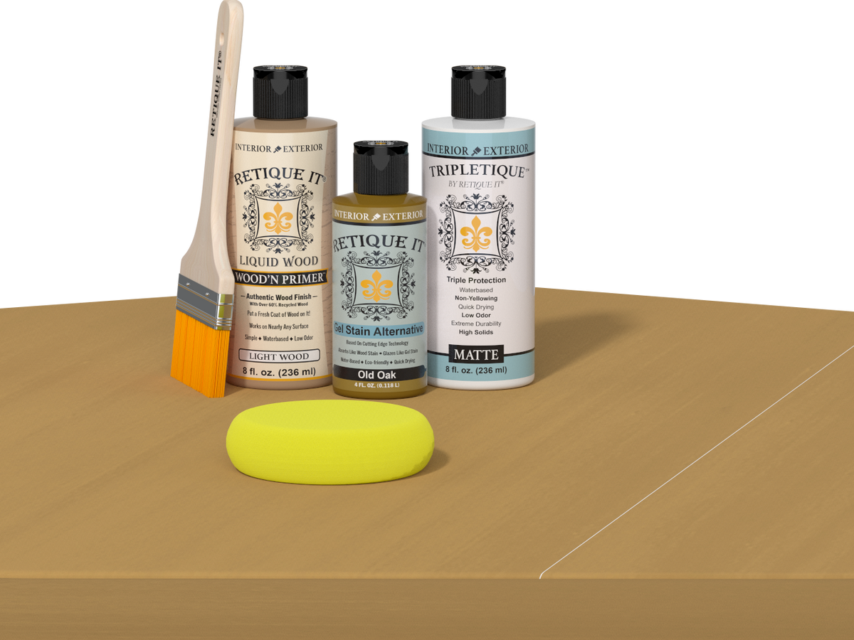 Retique It® Old Oak Brush-On Kit with Matte TripleTique® includes a brush, Light Wood primer, Old Oak Gel Stain Alternative, Matte TripleTique® top coat, and a yellow sponge.