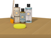 Retique It® Old Oak Brush-On Kit with Matte TripleTique® includes a brush, Light Wood primer, Old Oak Gel Stain Alternative, Matte TripleTique® top coat, and a yellow sponge.