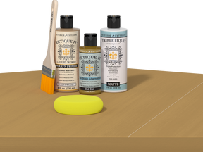Retique It® Old Oak Brush-On Kit with Matte TripleTique® includes a brush, Light Wood primer, Old Oak Gel Stain Alternative, Matte TripleTique® top coat, and a yellow sponge.