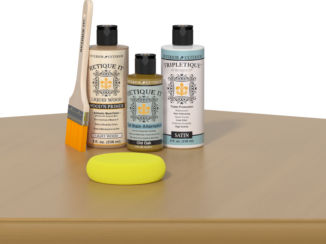 Retique It® Old Oak Brush-On Kit with Satin TripleTique® includes a brush, Light Wood primer, Old Oak Gel Stain Alternative, Satin TripleTique® top coat, and a yellow sponge.