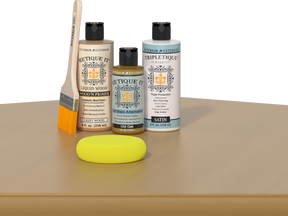 Retique It® Old Oak Brush-On Kit with Satin TripleTique® includes a brush, Light Wood primer, Old Oak Gel Stain Alternative, Satin TripleTique® top coat, and a yellow sponge.