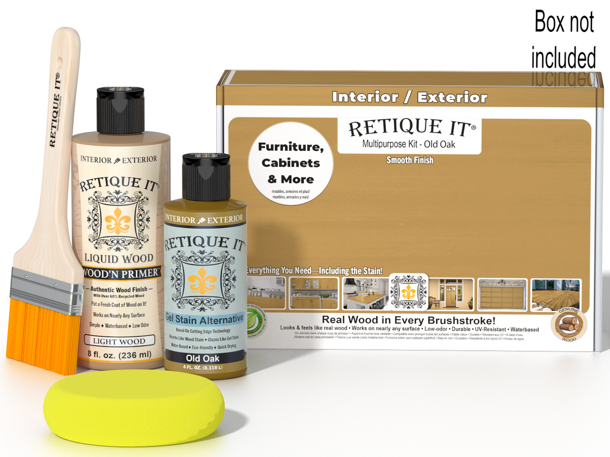 Retique It® Old Oak Brush-On Kit shown with the Old Oak Multipurpose Kit box, brush, Light Wood primer, Old Oak Gel Stain Alternative, and a yellow sponge.