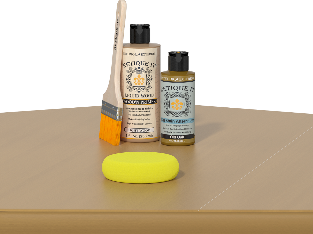 Retique It® Old Oak Brush-On Kit includes a brush, Light Wood primer, Old Oak Gel Stain Alternative, and a yellow sponge.