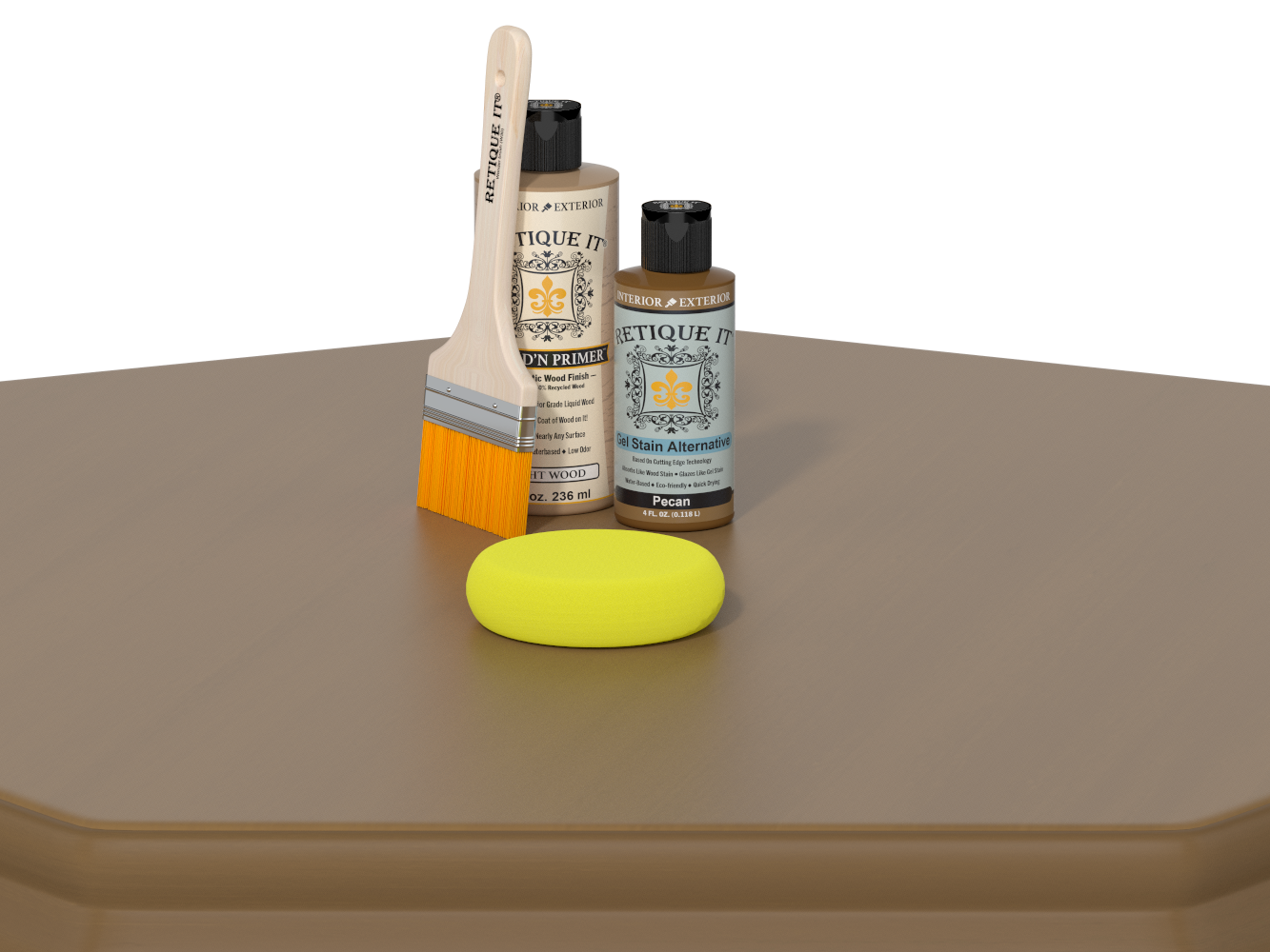 Retique It® Multi-purpose Smooth Wood'n Kit in Pecan finish, shown on a wooden table for versatile wood finishing.