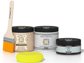 Retique It® Black Walnut Brush-On Kit with Matte PolyTique® includes a brush, Light Wood primer, Black Walnut Gel Stain Alternative, Matte PolyTique® top coat, and a yellow sponge.