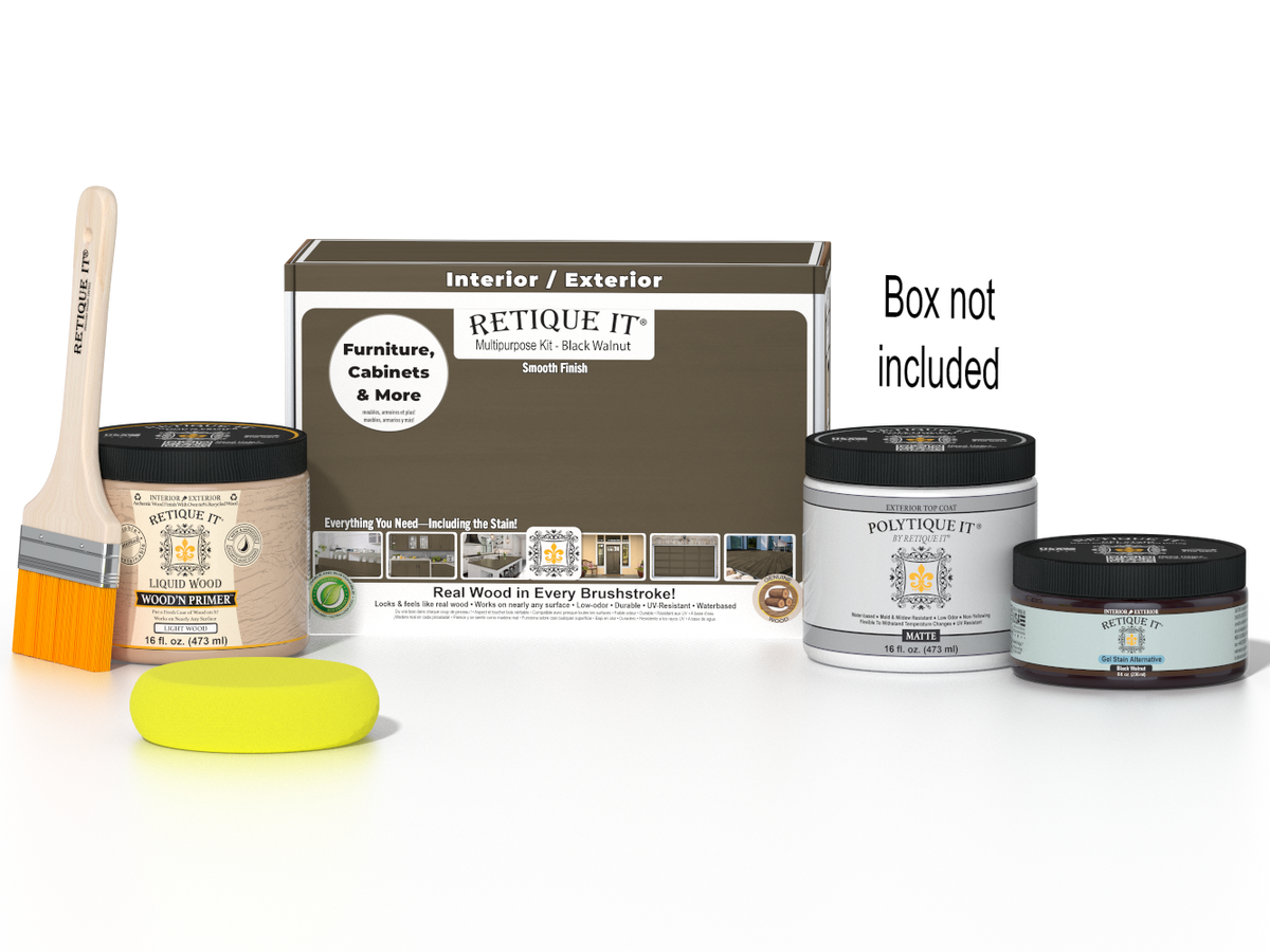 Retique It® Black Walnut Brush-On Kit with Matte PolyTique® shown with the Black Walnut Multipurpose Kit box, brush, Light Wood primer, Black Walnut Gel Stain Alternative, Matte PolyTique® top coat, and a yellow sponge.