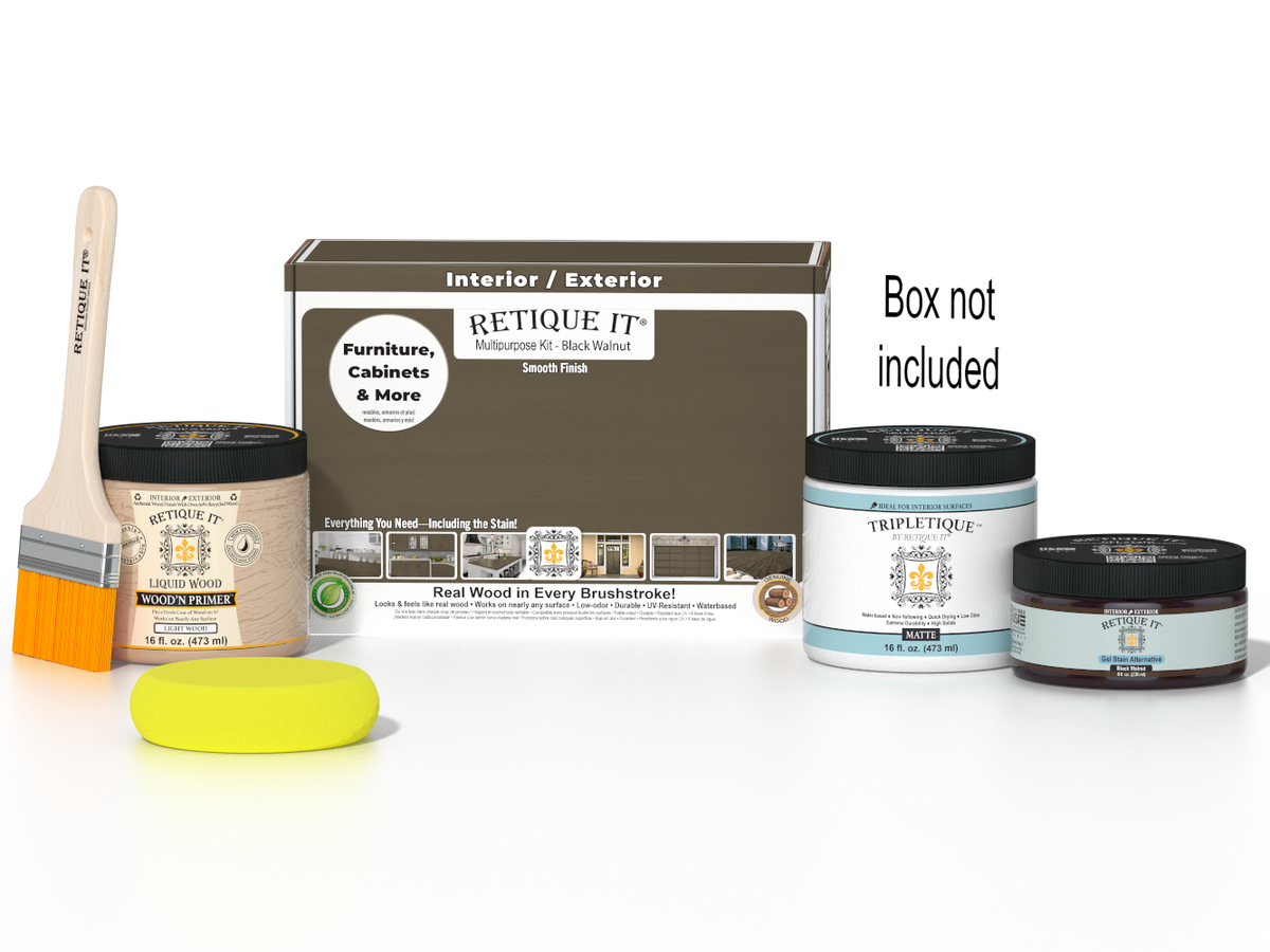 Retique It® Black Walnut Brush-On Kit with Matte TripleTique® shown with the Black Walnut Multipurpose Kit box, brush, Light Wood primer, Black Walnut Gel Stain Alternative, Matte TripleTique® top coat, and a yellow sponge.