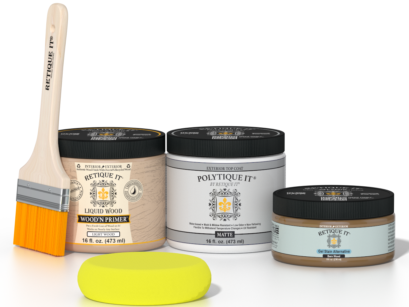 Retique It Barn Wood Kit with Matte Polytique It, Light Wood Wood'n Primer, Barn Wood Gel Stain Alternative, paintbrush, and yellow sponge.